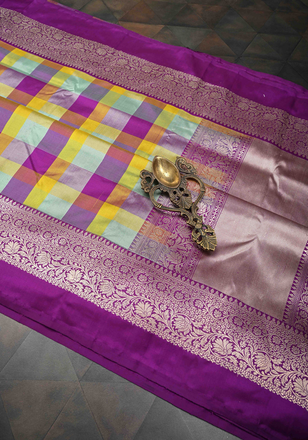 Exquisite Multicolor Banarasi Katan Silk Saree with Checks and Kanjivaram Style Borders | SILK MARK CERTIFIED