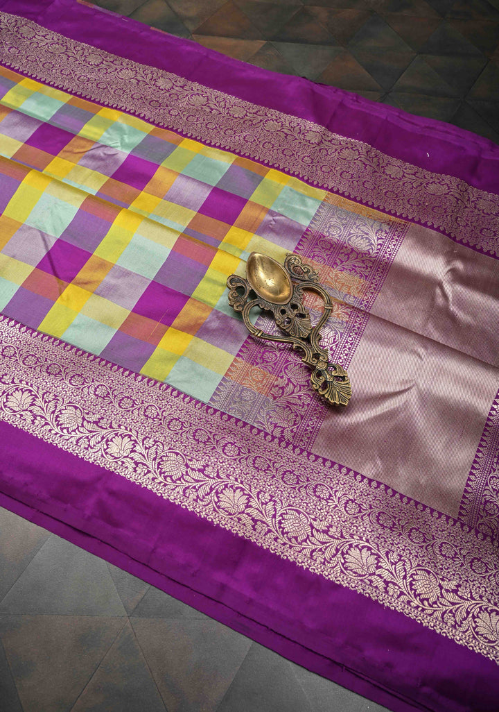 Exquisite Multicolor Banarasi Katan Silk Saree with Checks and Kanjivaram Style Borders | SILK MARK CERTIFIED