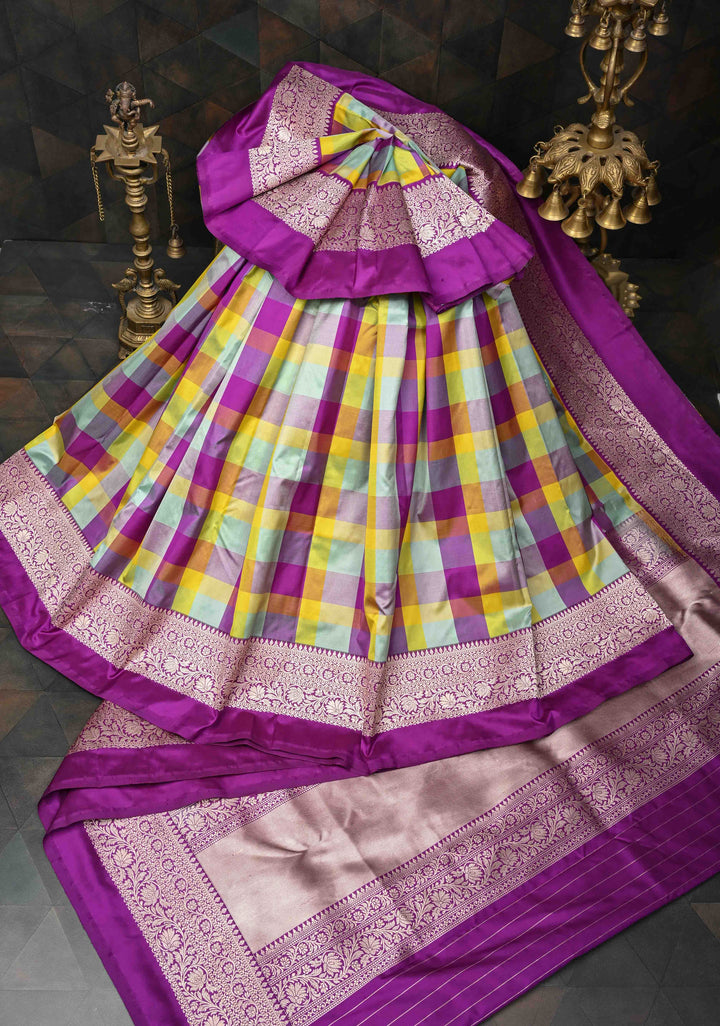 Exquisite Multicolor Banarasi Katan Silk Saree with Checks and Kanjivaram Style Borders | SILK MARK CERTIFIED