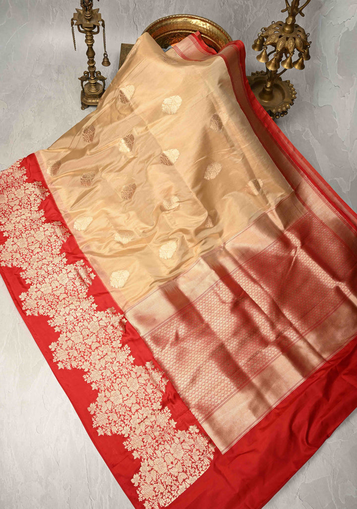 Cream Banarasi Katan Tissue Silk Saree with Zari Buttas and Contrast Wide Floral Kadhiyal Border | SILK MARK CERTIFIED