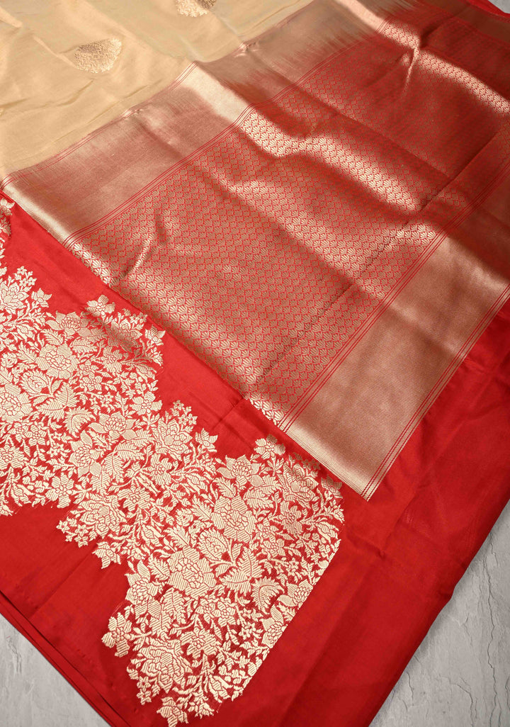 Cream Banarasi Katan Tissue Silk Saree with Zari Buttas and Contrast Wide Floral Kadhiyal Border | SILK MARK CERTIFIED