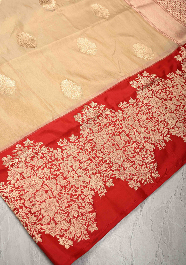 Cream Banarasi Katan Tissue Silk Saree with Zari Buttas and Contrast Wide Floral Kadhiyal Border | SILK MARK CERTIFIED