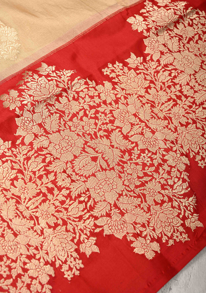 Cream Banarasi Katan Tissue Silk Saree with Zari Buttas and Contrast Wide Floral Kadhiyal Border | SILK MARK CERTIFIED