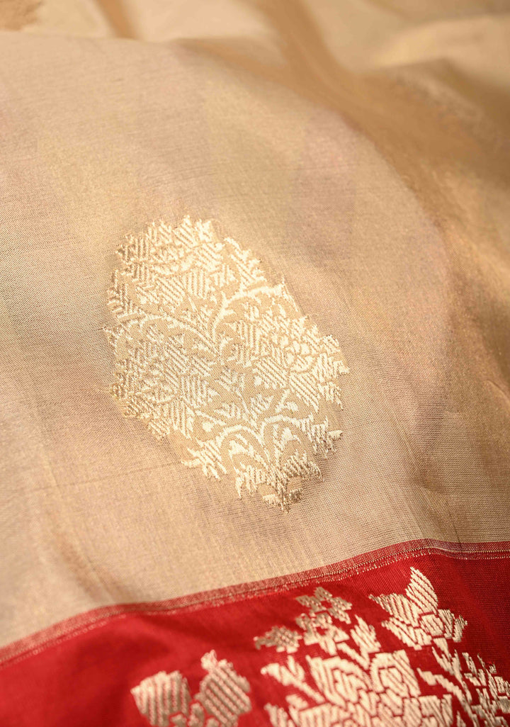 Cream Banarasi Katan Tissue Silk Saree with Zari Buttas and Contrast Wide Floral Kadhiyal Border | SILK MARK CERTIFIED
