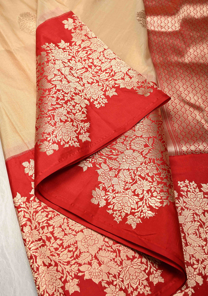 Cream Banarasi Katan Tissue Silk Saree with Zari Buttas and Contrast Wide Floral Kadhiyal Border | SILK MARK CERTIFIED
