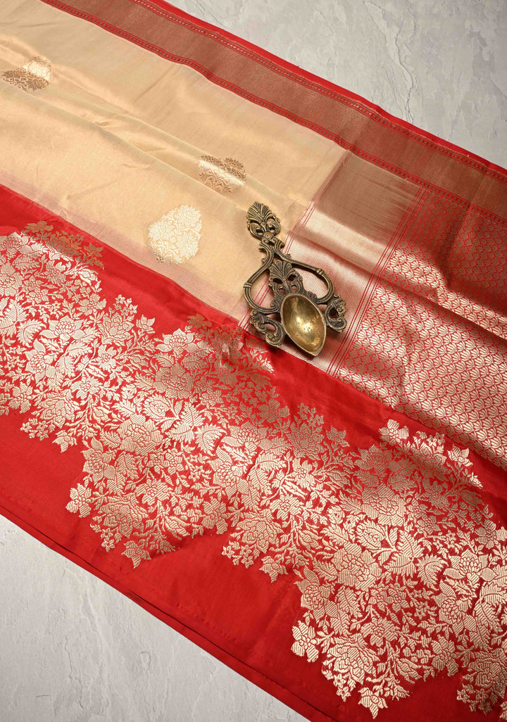 Cream Banarasi Katan Tissue Silk Saree with Zari Buttas and Contrast Wide Floral Kadhiyal Border | SILK MARK CERTIFIED