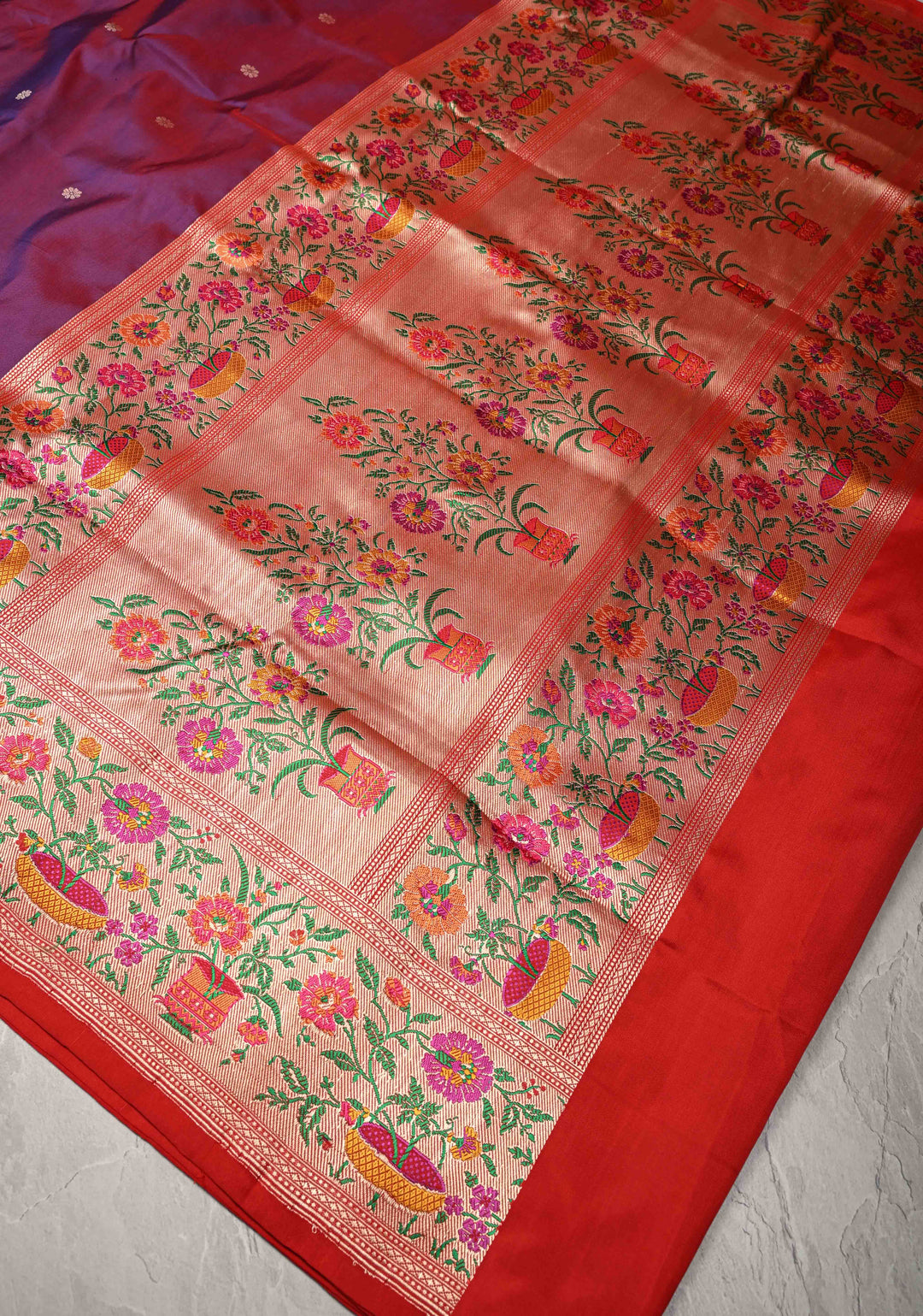 Purple -pink Dual Tone Pure Banarasi Katan Silk Saree with Floral Zari buttas and Contrast Paithani Border-Pallu | SILK MARK CERTIFIED