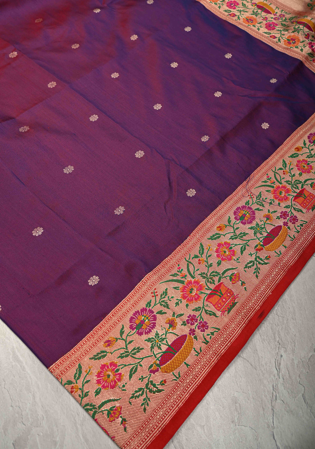 Purple -pink Dual Tone Pure Banarasi Katan Silk Saree with Floral Zari buttas and Contrast Paithani Border-Pallu | SILK MARK CERTIFIED