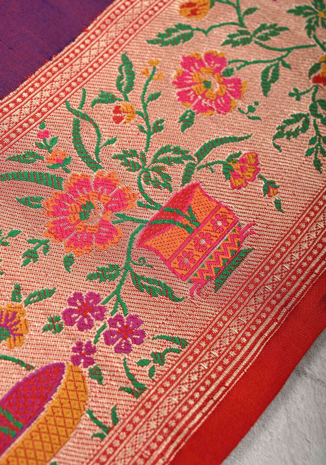 Purple -pink Dual Tone Pure Banarasi Katan Silk Saree with Floral Zari buttas and Contrast Paithani Border-Pallu | SILK MARK CERTIFIED