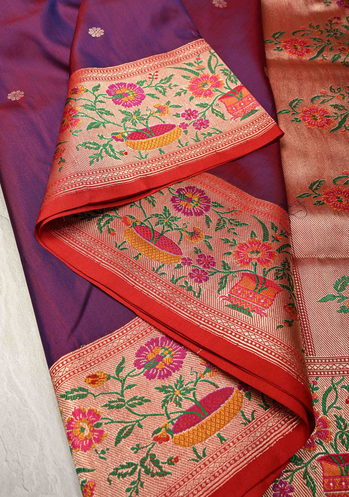 Purple -pink Dual Tone Pure Banarasi Katan Silk Saree with Floral Zari buttas and Contrast Paithani Border-Pallu | SILK MARK CERTIFIED