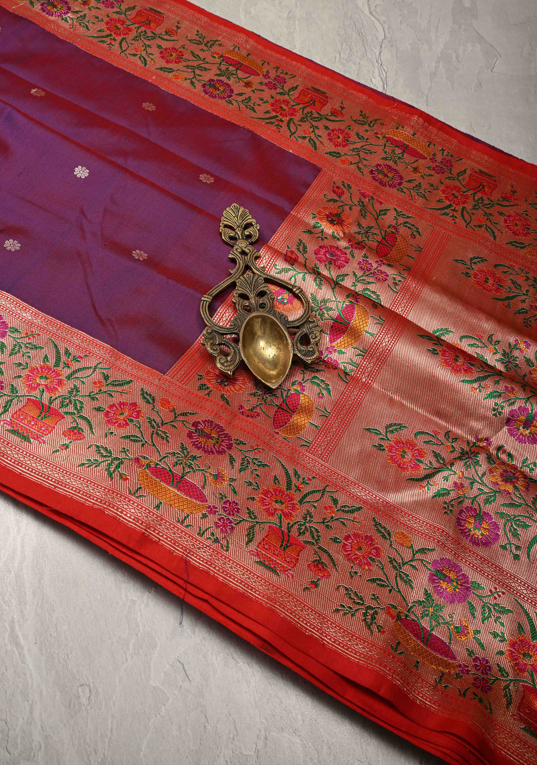 Purple -pink Dual Tone Pure Banarasi Katan Silk Saree with Floral Zari buttas and Contrast Paithani Border-Pallu | SILK MARK CERTIFIED