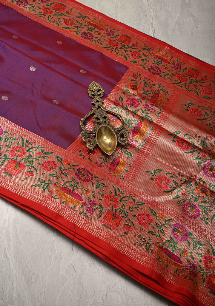 Purple -pink Dual Tone Pure Banarasi Katan Silk Saree with Floral Zari buttas and Contrast Paithani Border-Pallu | SILK MARK CERTIFIED