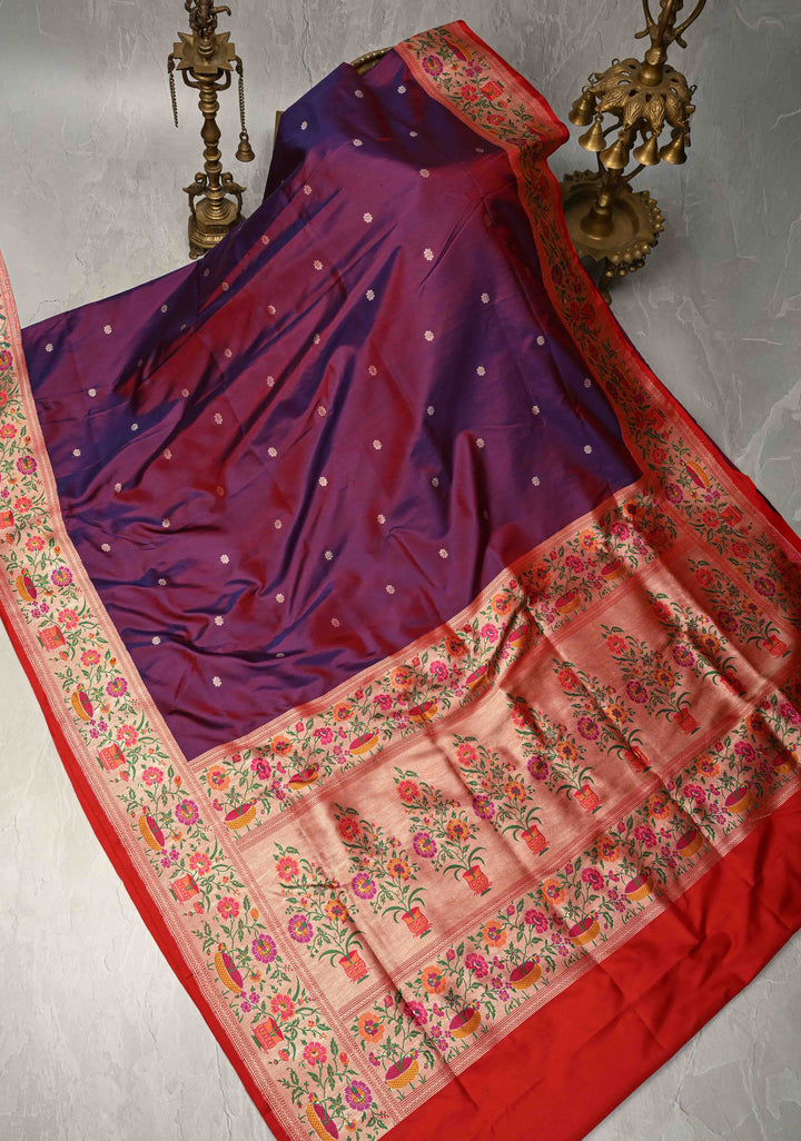 Purple -pink Dual Tone Pure Banarasi Katan Silk Saree with Floral Zari buttas and Contrast Paithani Border-Pallu | SILK MARK CERTIFIED