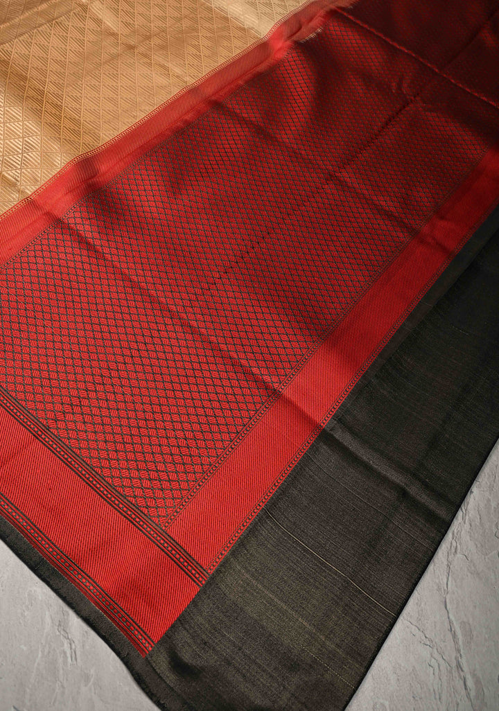 2 color Cream and Brown Ombre Gradient Mashru Silk Saree with Geomatric Design and Contrast Border | SILK MARK CERTIFIED