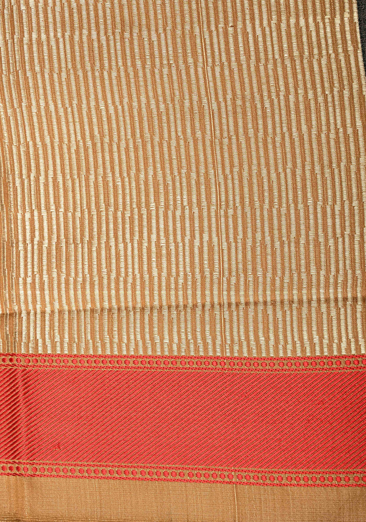 2 color Cream and Brown Ombre Gradient Mashru Silk Saree with Geomatric Design and Contrast Border | SILK MARK CERTIFIED