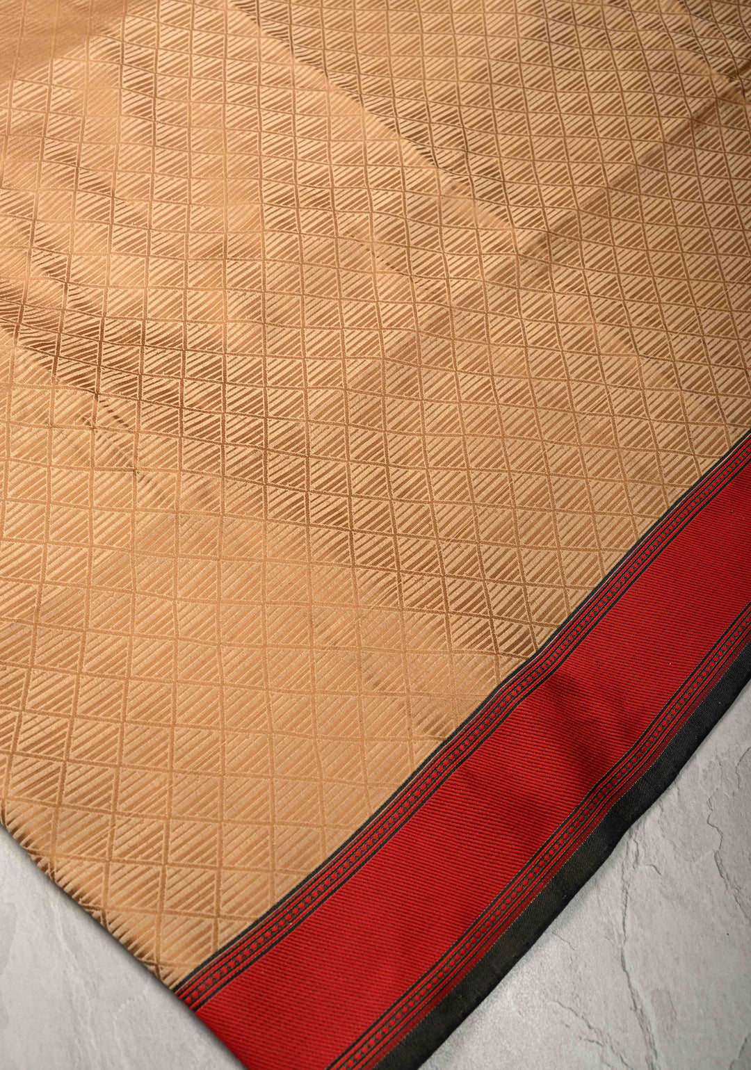 2 color Cream and Brown Ombre Gradient Mashru Silk Saree with Geomatric Design and Contrast Border | SILK MARK CERTIFIED