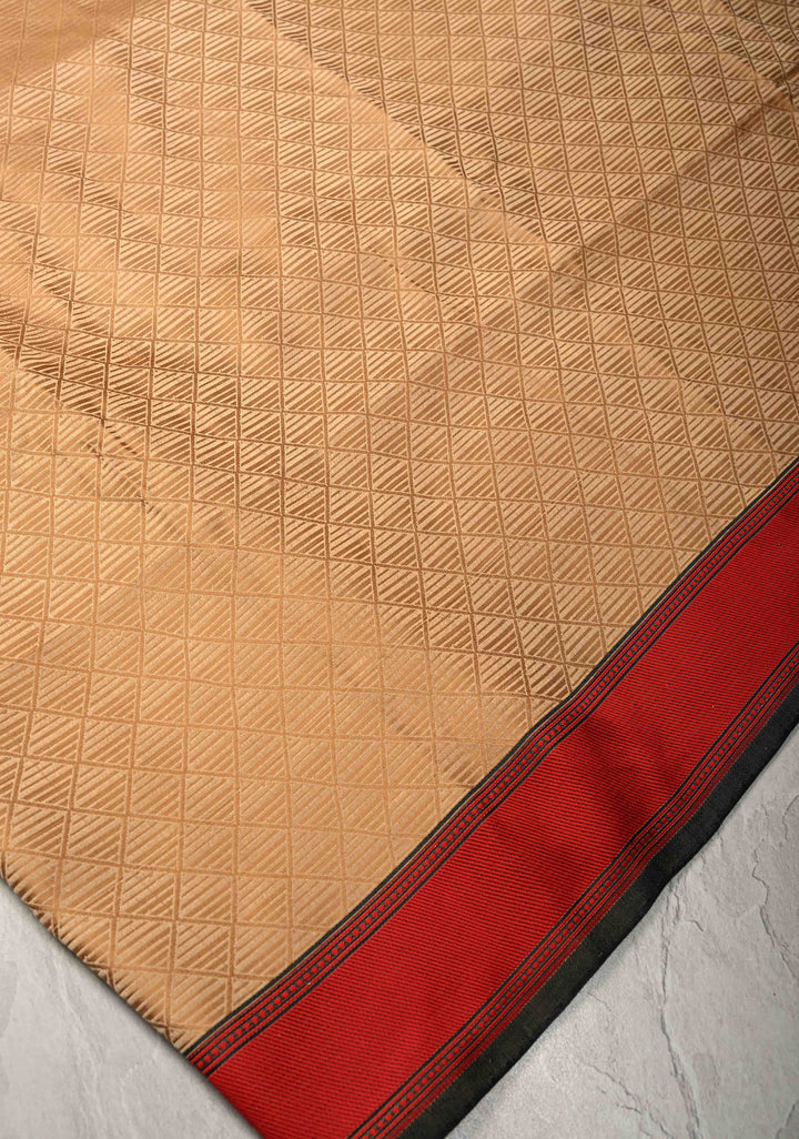 2 color Cream and Brown Ombre Gradient Mashru Silk Saree with Geomatric Design and Contrast Border | SILK MARK CERTIFIED