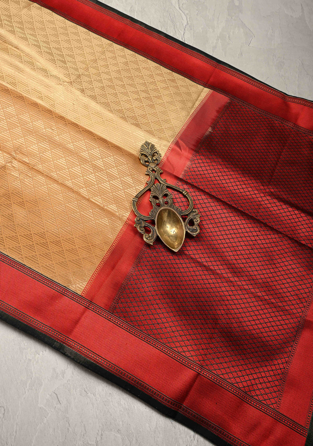 2 color Cream and Brown Ombre Gradient Mashru Silk Saree with Geomatric Design and Contrast Border | SILK MARK CERTIFIED