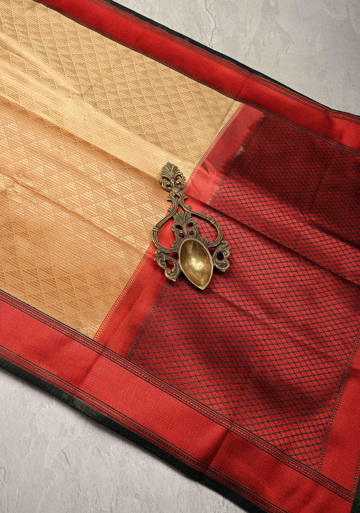 2 color Cream and Brown Ombre Gradient Mashru Silk Saree with Geomatric Design and Contrast Border | SILK MARK CERTIFIED