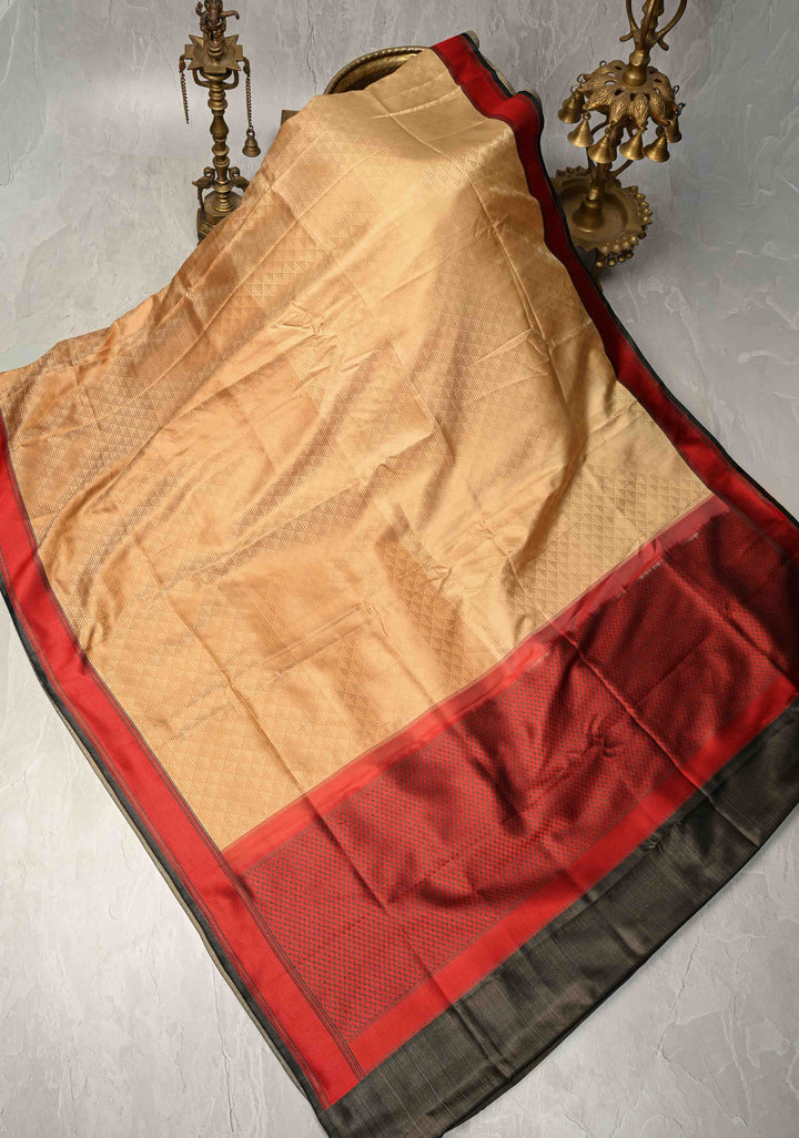 2 color Cream and Brown Ombre Gradient Mashru Silk Saree with Geomatric Design and Contrast Border | SILK MARK CERTIFIED