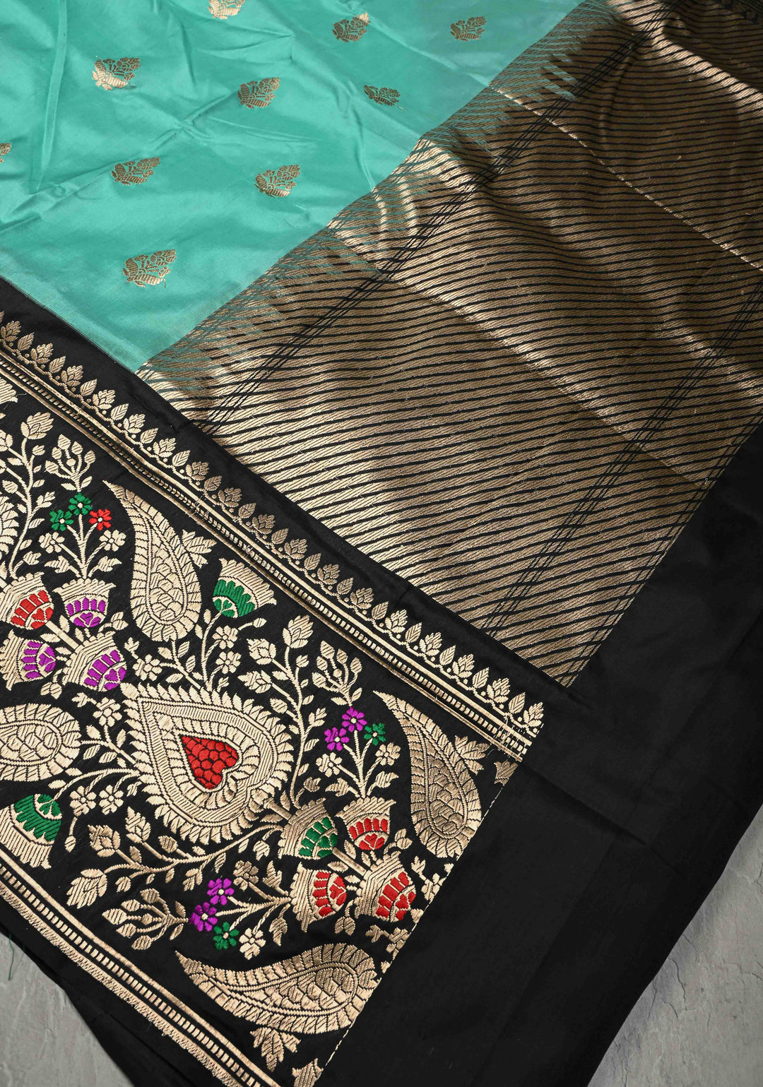 Cyan Green Pure Banarasi Katan Silk Saree with Floral Zari Buttas and Contrst  Meenakari Wide Border | SILK MARK CERTIFIED