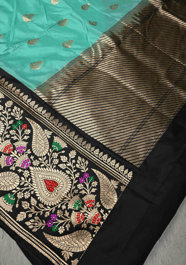 Cyan Green Pure Banarasi Katan Silk Saree with Floral Zari Buttas and Contrst  Meenakari Wide Border | SILK MARK CERTIFIED