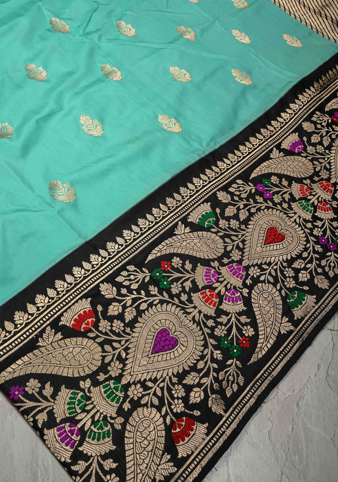 Cyan Green Pure Banarasi Katan Silk Saree with Floral Zari Buttas and Contrst  Meenakari Wide Border | SILK MARK CERTIFIED