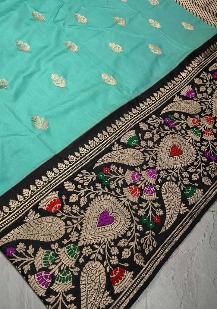 Cyan Green Pure Banarasi Katan Silk Saree with Floral Zari Buttas and Contrst  Meenakari Wide Border | SILK MARK CERTIFIED