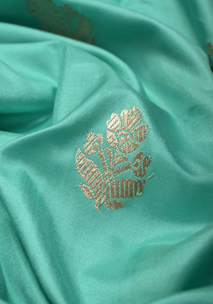 Cyan Green Pure Banarasi Katan Silk Saree with Floral Zari Buttas and Contrst  Meenakari Wide Border | SILK MARK CERTIFIED