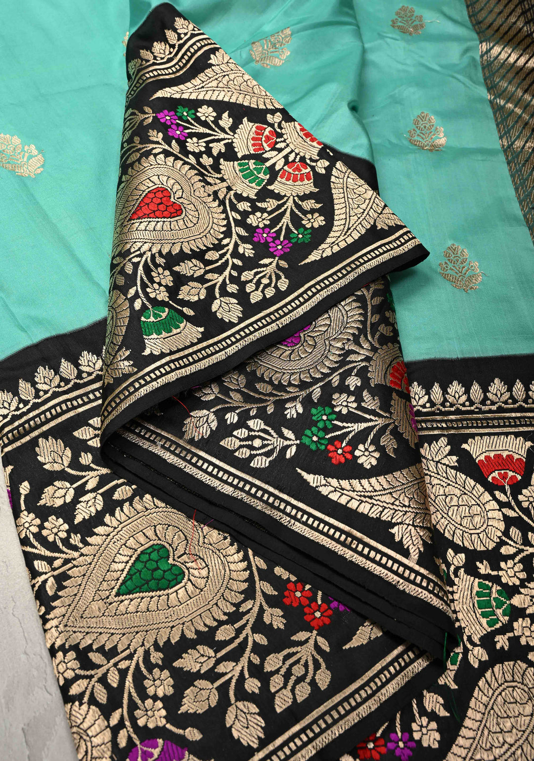 Cyan Green Pure Banarasi Katan Silk Saree with Floral Zari Buttas and Contrst  Meenakari Wide Border | SILK MARK CERTIFIED