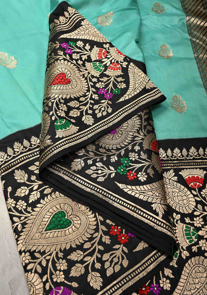 Cyan Green Pure Banarasi Katan Silk Saree with Floral Zari Buttas and Contrst  Meenakari Wide Border | SILK MARK CERTIFIED