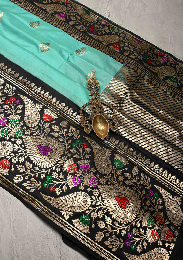 Cyan Green Pure Banarasi Katan Silk Saree with Floral Zari Buttas and Contrst  Meenakari Wide Border | SILK MARK CERTIFIED