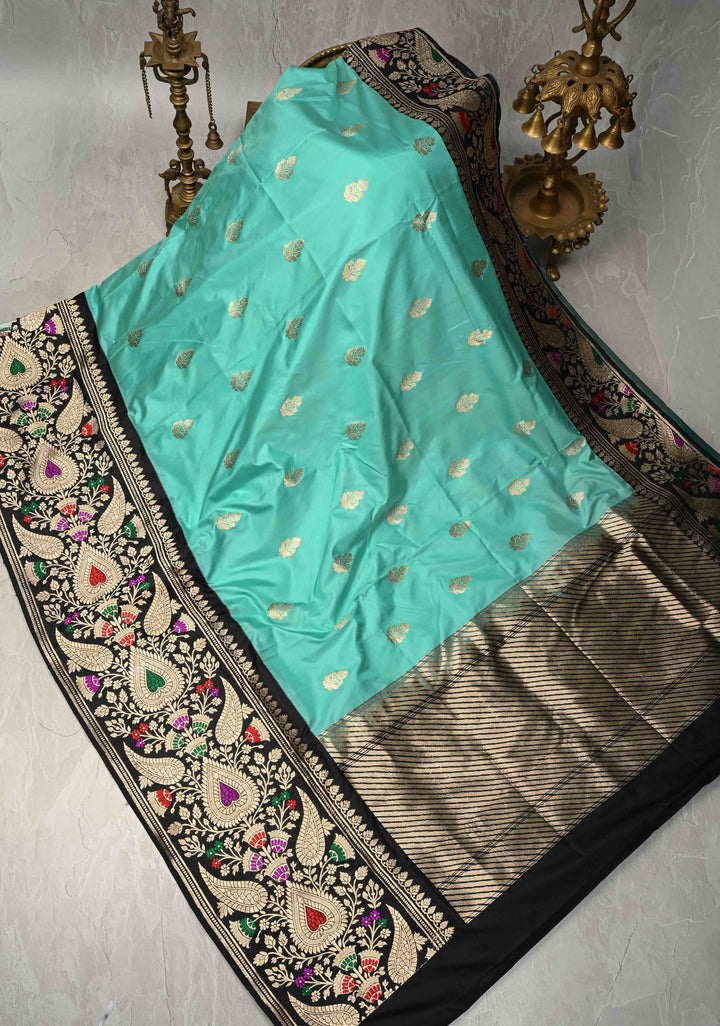 Cyan Green Pure Banarasi Katan Silk Saree with Floral Zari Buttas and Contrst  Meenakari Wide Border | SILK MARK CERTIFIED