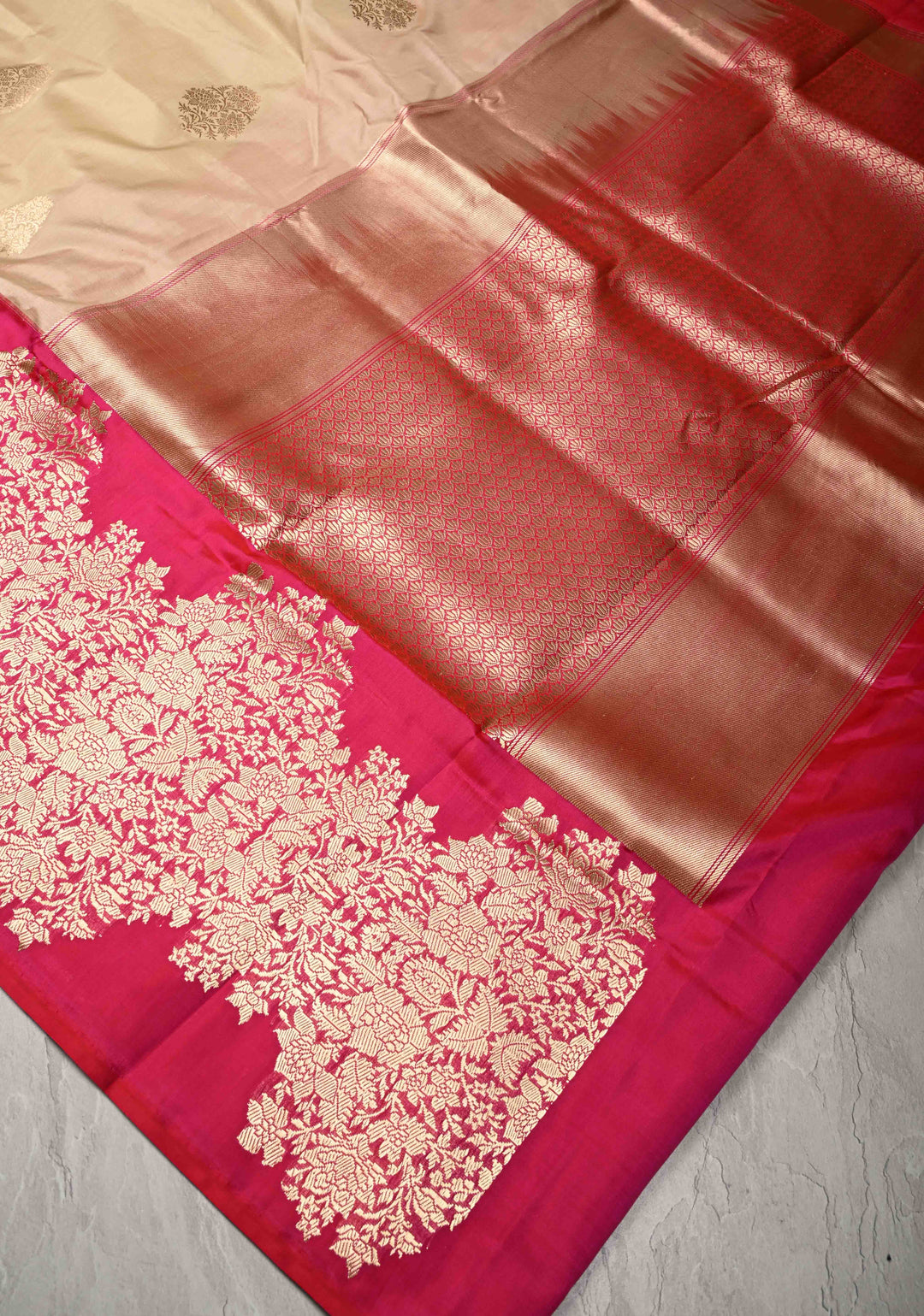 Beige Pure Banarasi Katan Silk Saree with Floral Zari buttas and Contrast Wide Floral KadhiyalZari Border| SILK MARK CERTIFIED