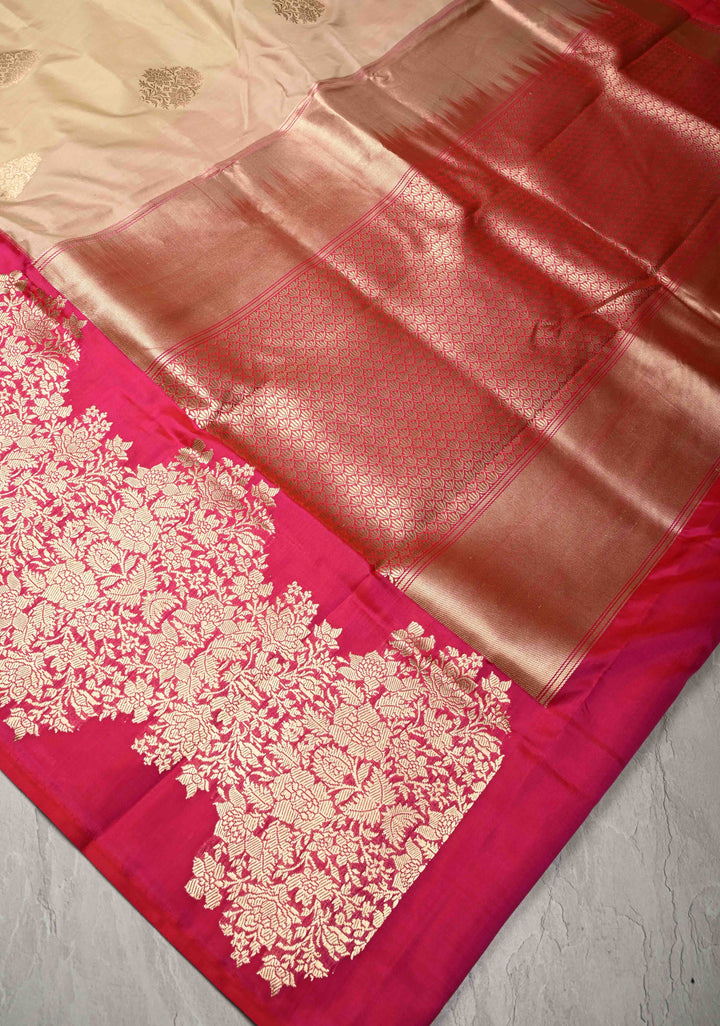 Beige Pure Banarasi Katan Silk Saree with Floral Zari buttas and Contrast Wide Floral KadhiyalZari Border| SILK MARK CERTIFIED