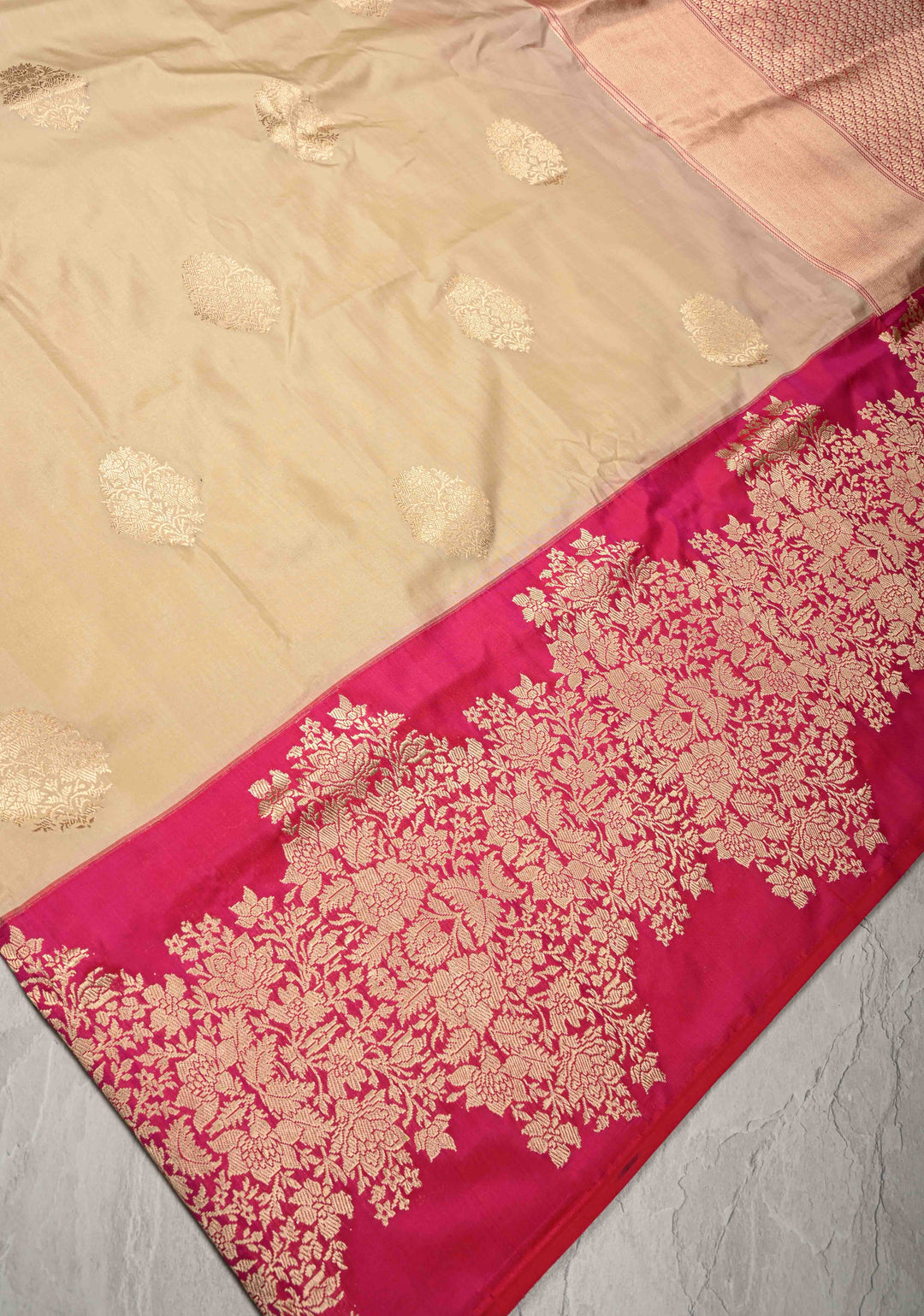 Beige Pure Banarasi Katan Silk Saree with Floral Zari buttas and Contrast Wide Floral KadhiyalZari Border| SILK MARK CERTIFIED