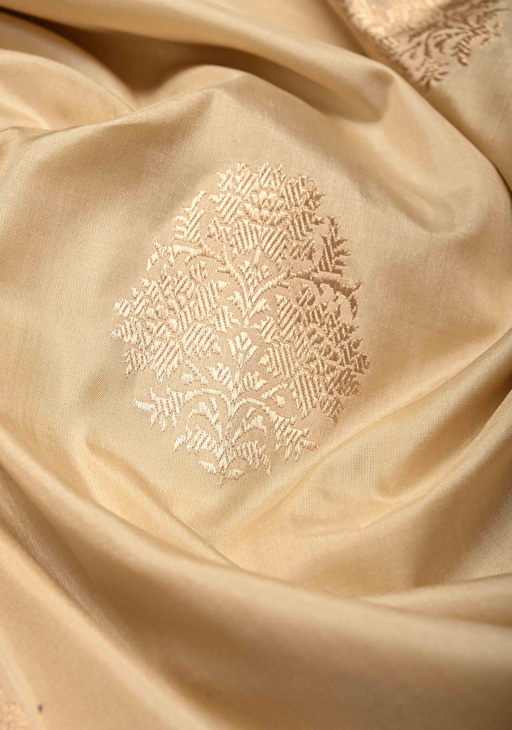Beige Pure Banarasi Katan Silk Saree with Floral Zari buttas and Contrast Wide Floral KadhiyalZari Border| SILK MARK CERTIFIED