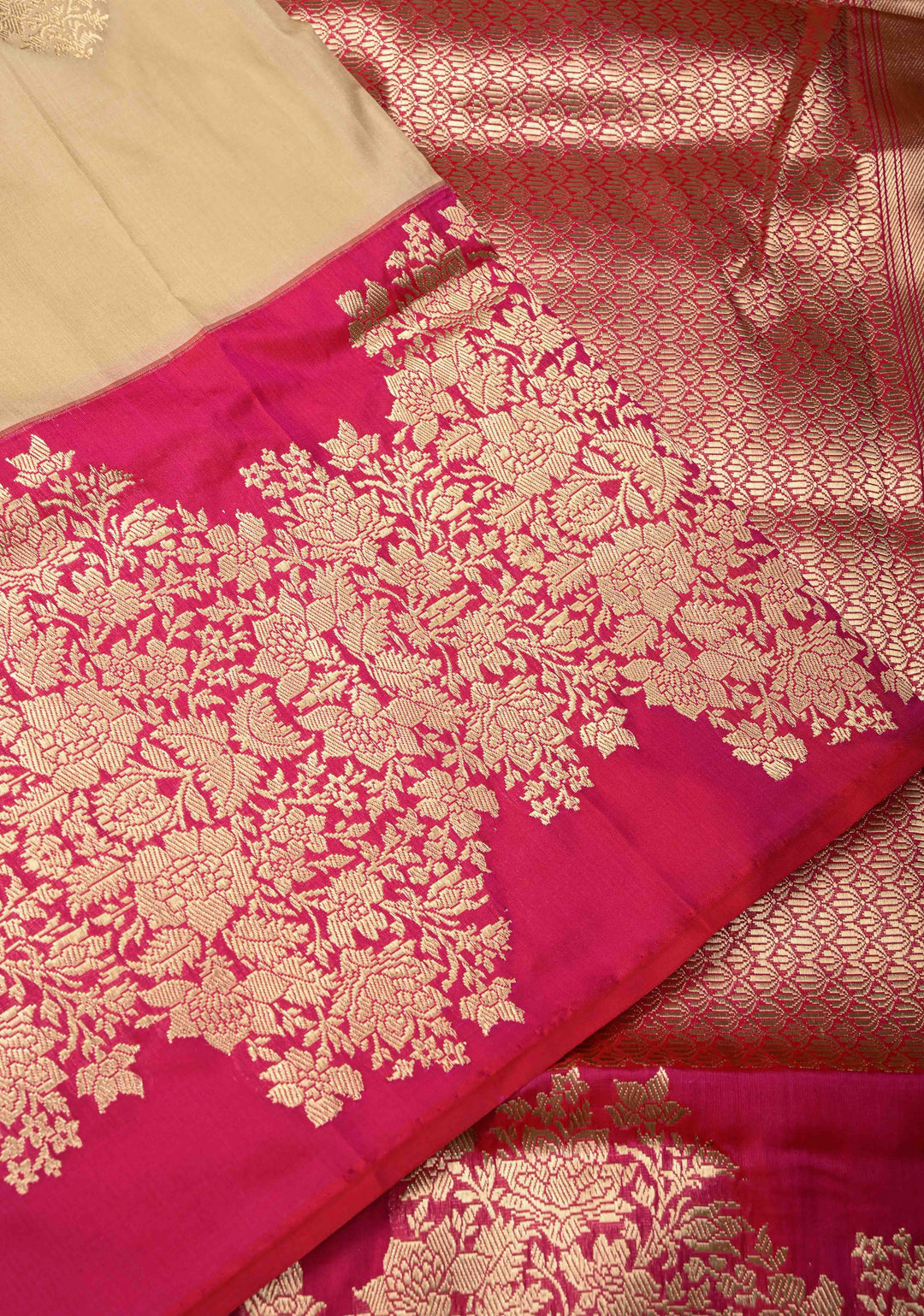 Beige Pure Banarasi Katan Silk Saree with Floral Zari buttas and Contrast Wide Floral KadhiyalZari Border| SILK MARK CERTIFIED