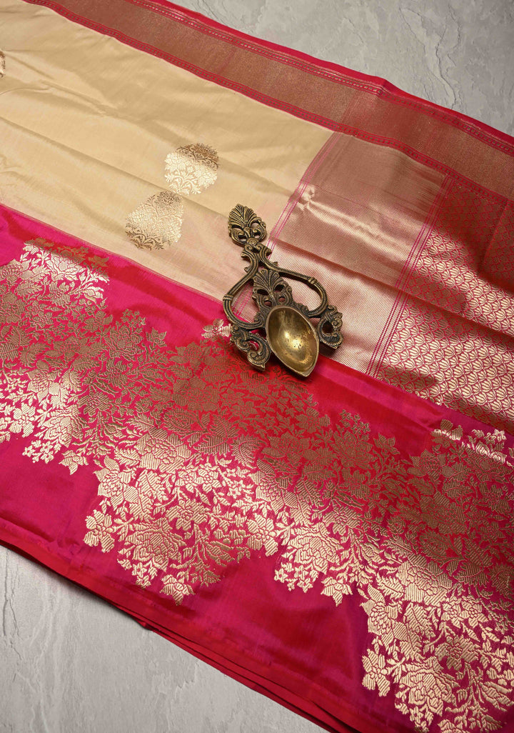 Beige Pure Banarasi Katan Silk Saree with Floral Zari buttas and Contrast Wide Floral KadhiyalZari Border| SILK MARK CERTIFIED