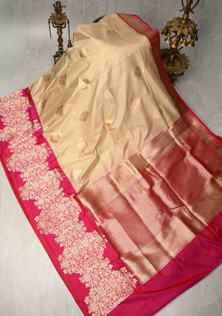 Beige Pure Banarasi Katan Silk Saree with Floral Zari buttas and Contrast Wide Floral KadhiyalZari Border| SILK MARK CERTIFIED