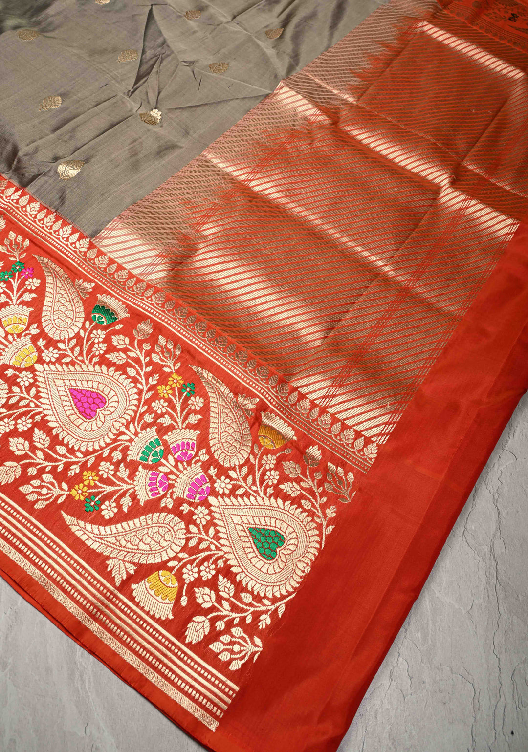 Grey Pure Banarasi Katan Silk Saree with Floral Zari Buttas and Contrst  Meenakari Wide Border | SILK MARK CERTIFIED