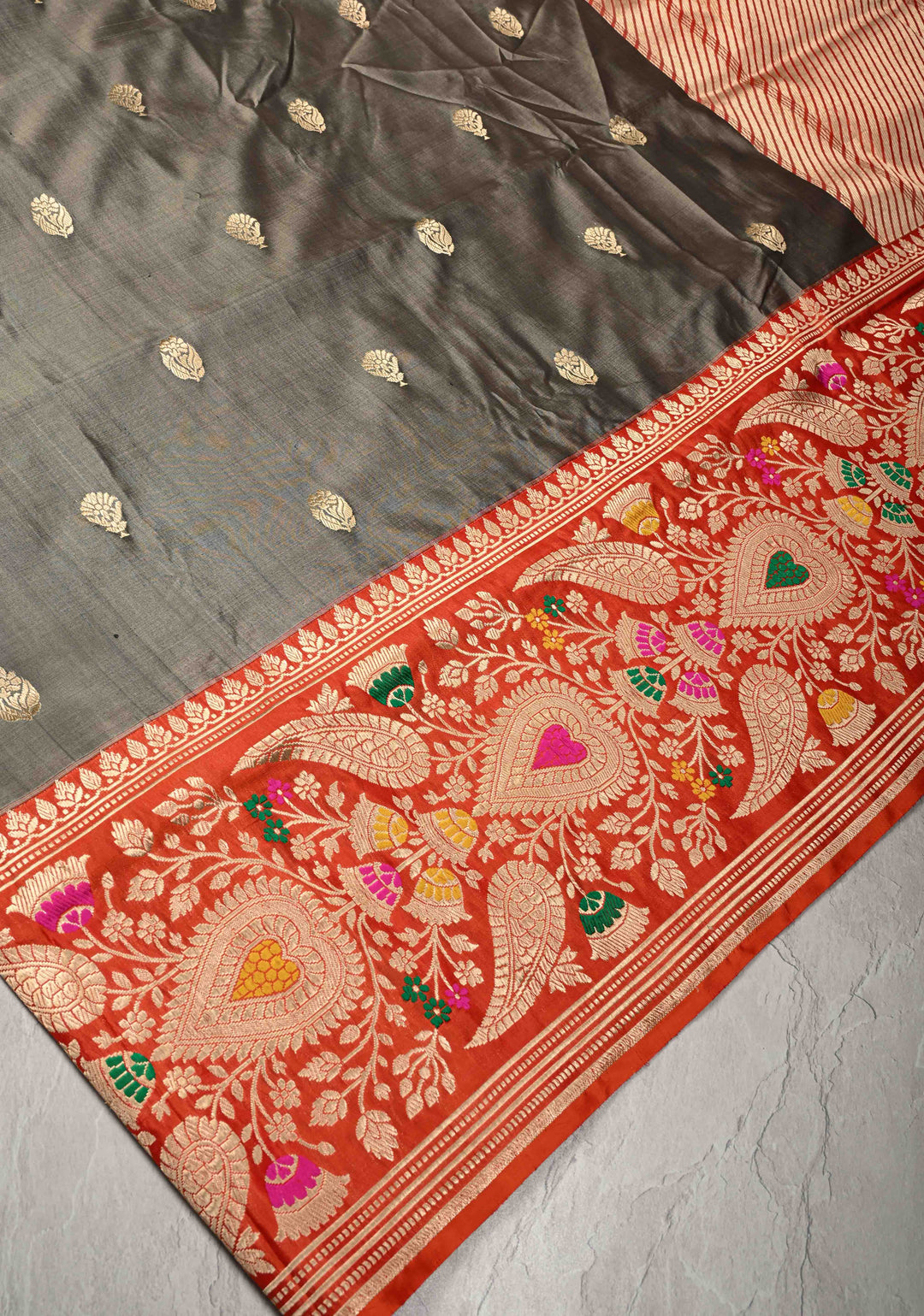 Grey Pure Banarasi Katan Silk Saree with Floral Zari Buttas and Contrst  Meenakari Wide Border | SILK MARK CERTIFIED