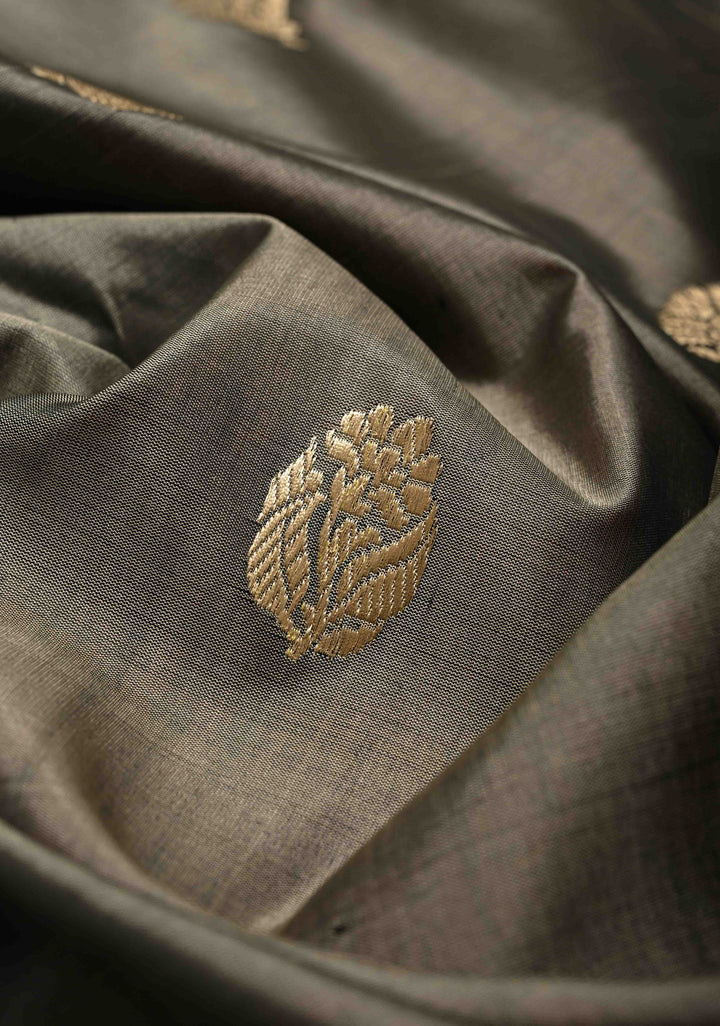 Grey Pure Banarasi Katan Silk Saree with Floral Zari Buttas and Contrst  Meenakari Wide Border | SILK MARK CERTIFIED