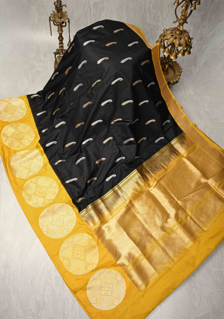 Black Banarasi Katan Silk Saree with Sona Rupa Zari Buttas and Contrast Zari Border With Distinct Butta | SILK MARK CERTIFIED