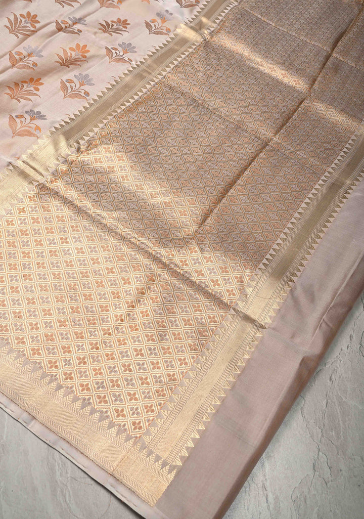 Light Cream Tanchoi Banarasi Satin Silk Saree with Floral Brocade | SILK MARK CERTIFIED