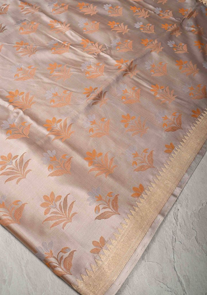 Light Cream Tanchoi Banarasi Satin Silk Saree with Floral Brocade | SILK MARK CERTIFIED