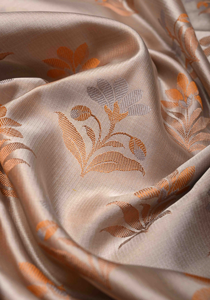 Light Cream Tanchoi Banarasi Satin Silk Saree with Floral Brocade | SILK MARK CERTIFIED
