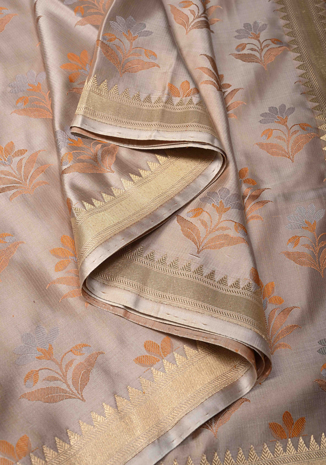 Light Cream Tanchoi Banarasi Satin Silk Saree with Floral Brocade | SILK MARK CERTIFIED