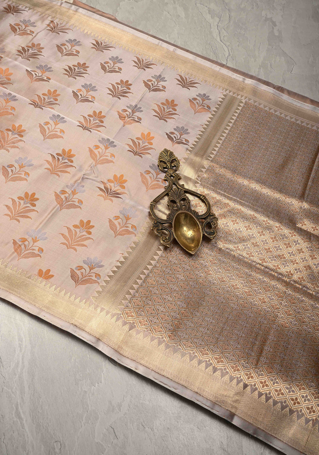 Light Cream Tanchoi Banarasi Satin Silk Saree with Floral Brocade | SILK MARK CERTIFIED