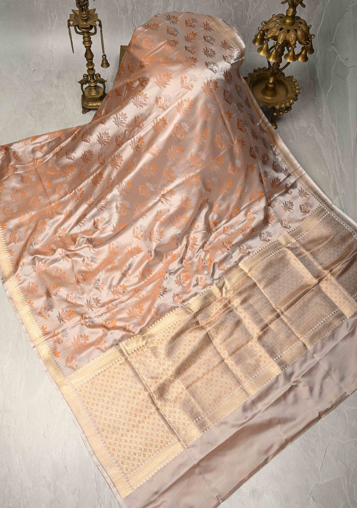 Light Cream Tanchoi Banarasi Satin Silk Saree with Floral Brocade | SILK MARK CERTIFIED